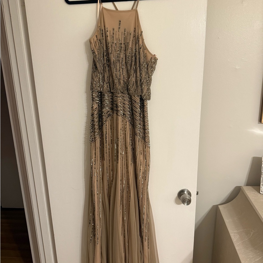 Adrianna Papell Beige Sequin Maxi Dress